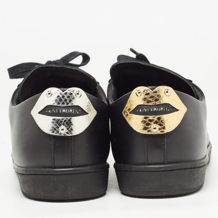 Pre Owned Saint Laurent Paris Black Leather Court Classic Lips Low Top Sneakers Size 40.5