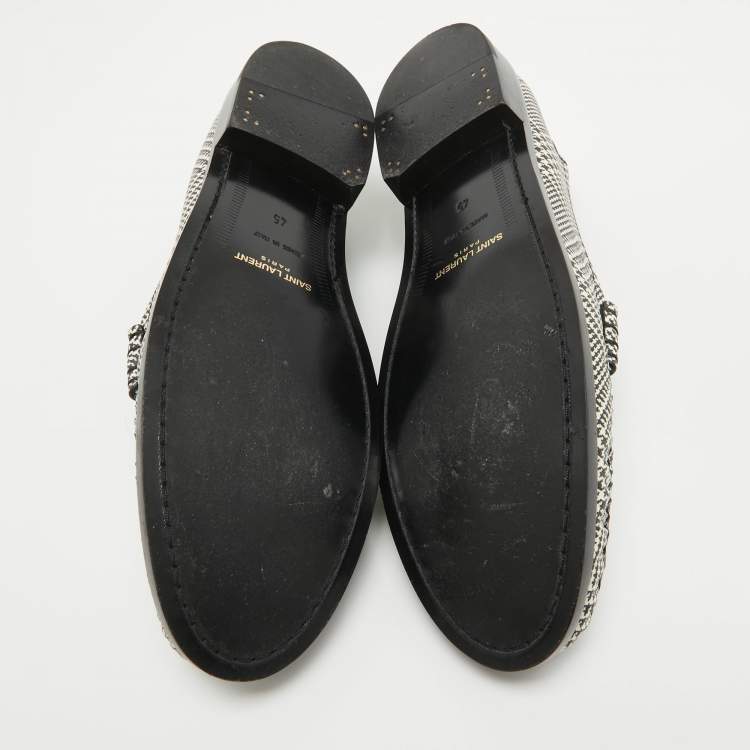 Pre Owned Saint Laurent Paris Black/White Coated Canvas Penny Slip On Loafers Size 45