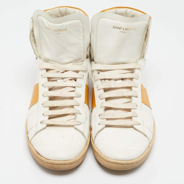Pre Owned Saint Laurent White/Orange Leather High Top Sneakers Size 42