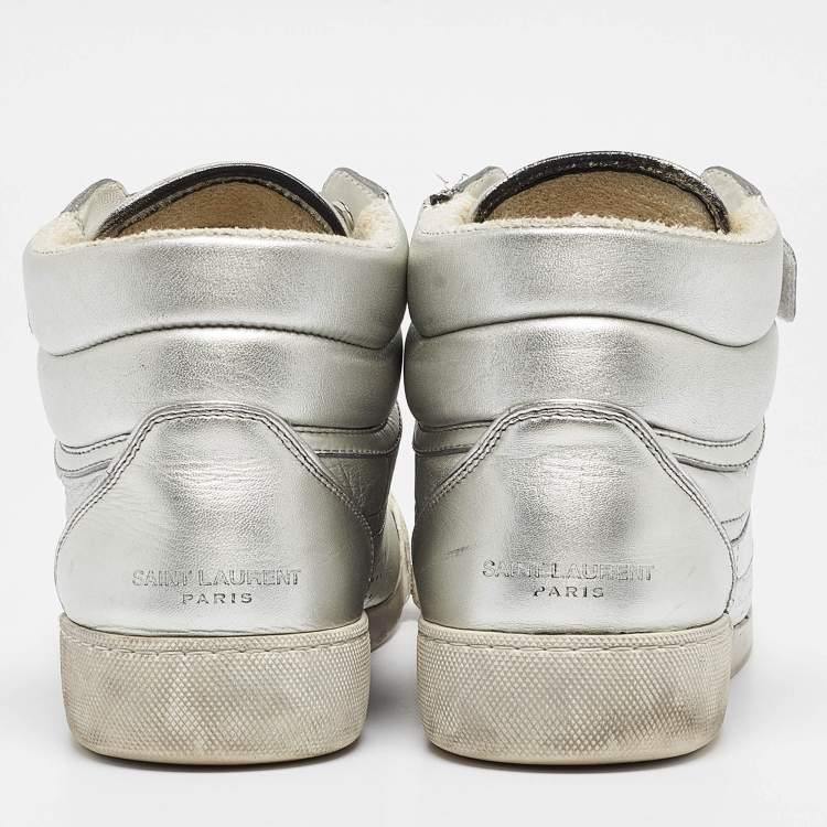 Pre Owned Saint Laurent Silver Foil Leather Perforated High Top Sneakers Size 43.5
