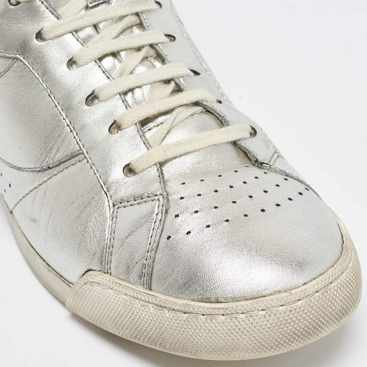 Pre Owned Saint Laurent Silver Foil Leather Perforated High Top Sneakers Size 43.5