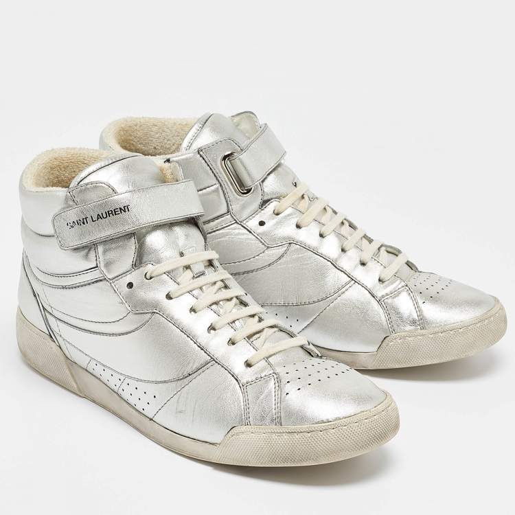 Pre Owned Saint Laurent Silver Foil Leather Perforated High Top Sneakers Size 43.5