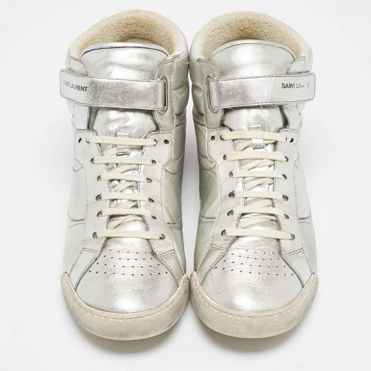Pre Owned Saint Laurent Silver Foil Leather Perforated High Top Sneakers Size 43.5