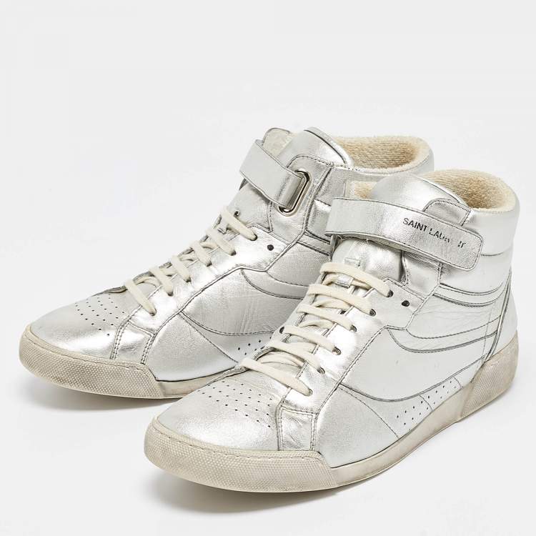 Pre Owned Saint Laurent Silver Foil Leather Perforated High Top Sneakers Size 43.5