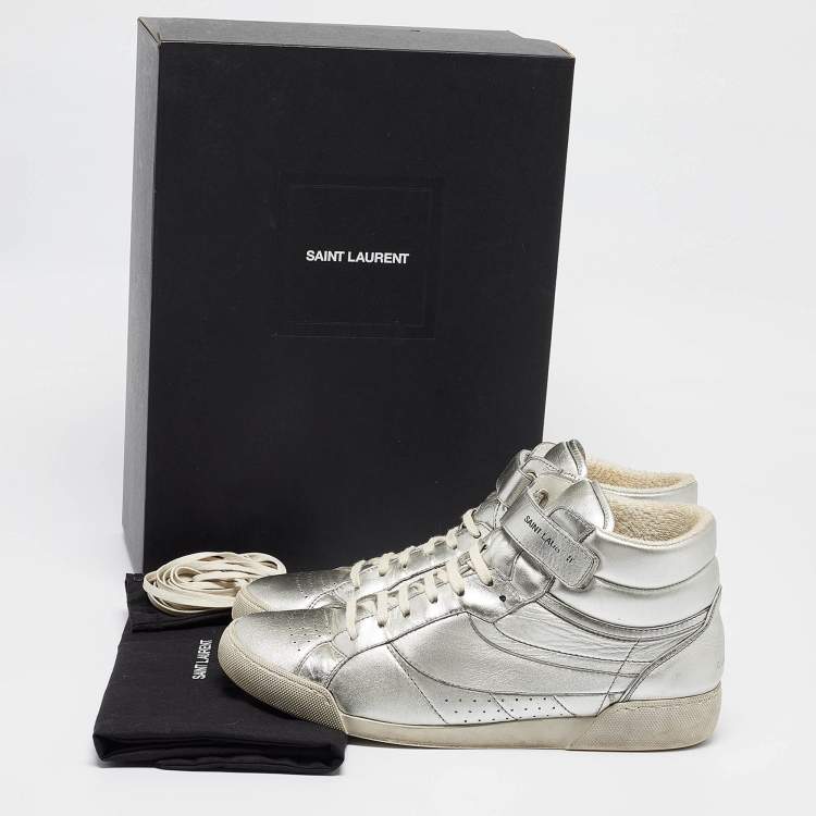 Pre Owned Saint Laurent Silver Foil Leather Perforated High Top Sneakers Size 43.5