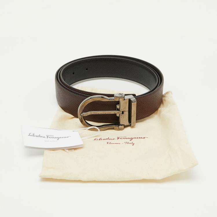Pre Owned Salvatore Ferragamo Brown/Black Leather Cut to Size Reversible Gancini Buckle Belt