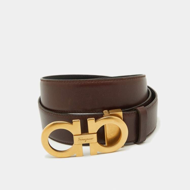 Pre Owned Salvatore Ferragamo Dark Brown/Black Leather Cut to Size Reversible Gancini Buckle Belt