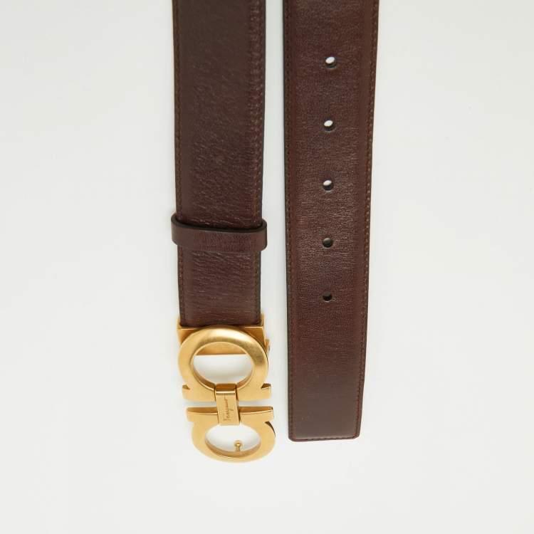 Pre Owned Salvatore Ferragamo Dark Brown/Black Leather Cut to Size Reversible Gancini Buckle Belt
