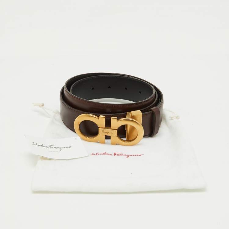 Pre Owned Salvatore Ferragamo Dark Brown/Black Leather Cut to Size Reversible Gancini Buckle Belt