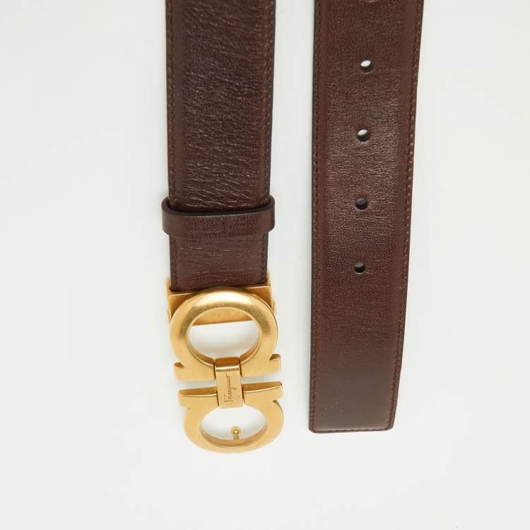 Pre Owned Salvatore Ferragamo Dark Brown/Black Leather Cut to Size Reversible Gancini Buckle Belt