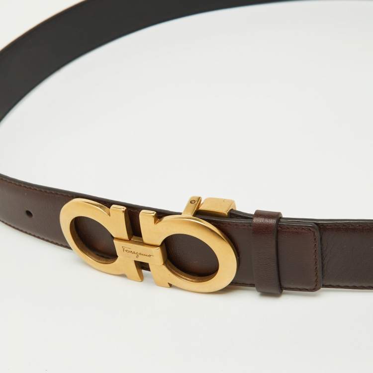 Pre Owned Salvatore Ferragamo Dark Brown/Black Leather Cut to Size Reversible Gancini Buckle Belt