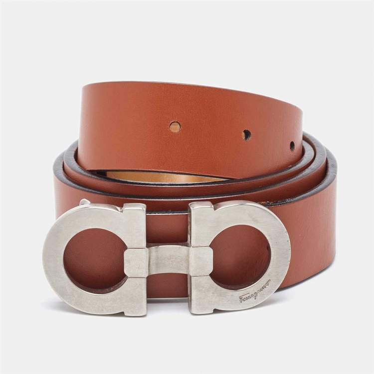 Pre Owned Salvatore Ferragamo Tan/Brown Leather Gancini Reversible Belt 85CM