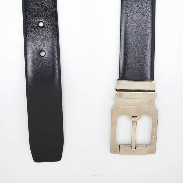 Pre Owned Salvatore Ferragamo Black/Dark Brown Leather Cut to Size Reversible Buckle Belt