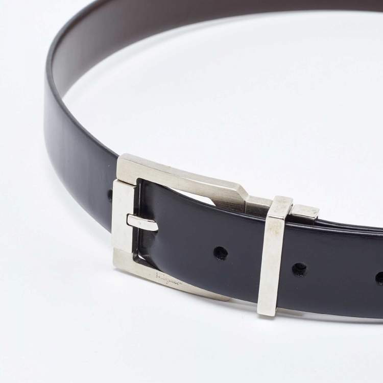 Pre Owned Salvatore Ferragamo Black/Dark Brown Leather Cut to Size Reversible Buckle Belt