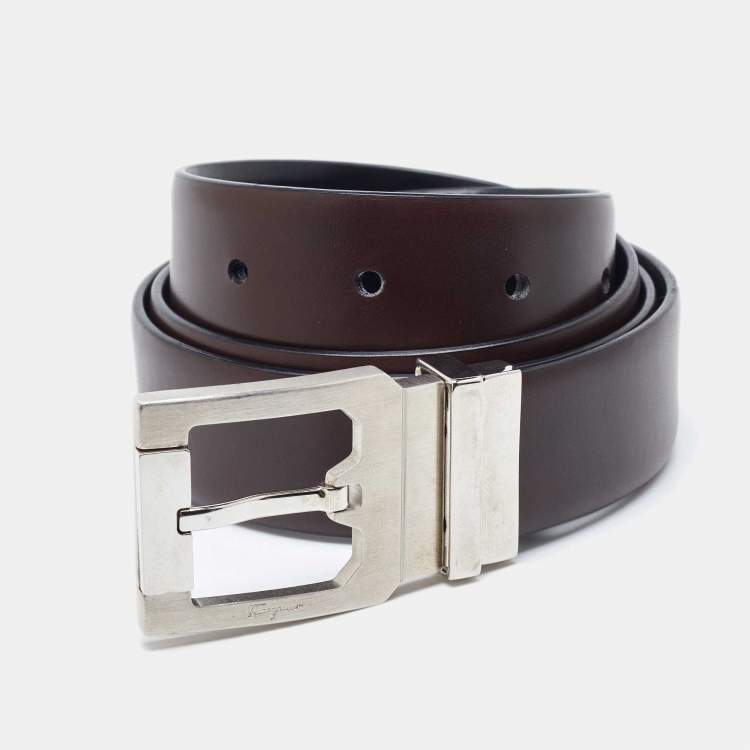 Pre Owned Salvatore Ferragamo Black/Dark Brown Leather Cut to Size Reversible Buckle Belt