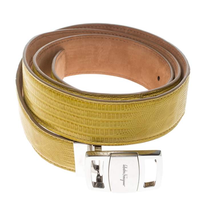 Pre Owned Salvatore Ferragamo Yellow Lizard Adjustable Buckle Belt 105cm