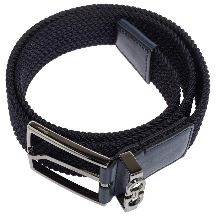 Pre Owned Salvatore Ferragamo Navy Blue Braided Fabric and Lather Gancini Buckle Belt 85CM