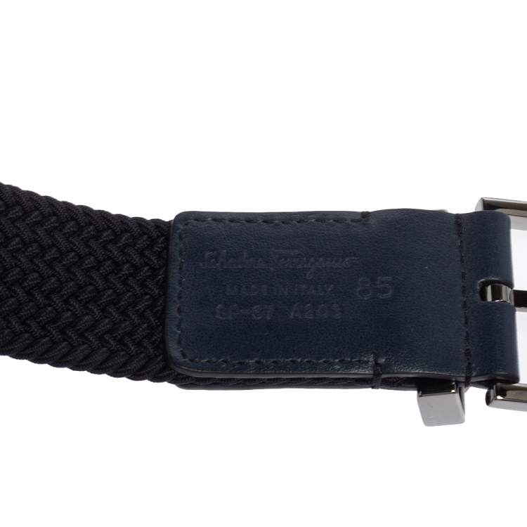 Pre Owned Salvatore Ferragamo Navy Blue Braided Fabric and Lather Gancini Buckle Belt 85CM