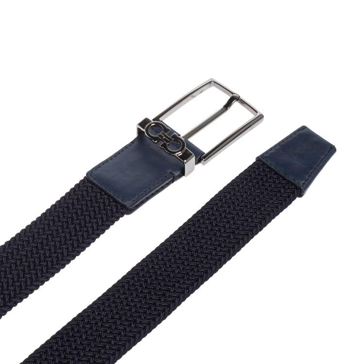 Pre Owned Salvatore Ferragamo Navy Blue Braided Fabric and Lather Gancini Buckle Belt 85CM