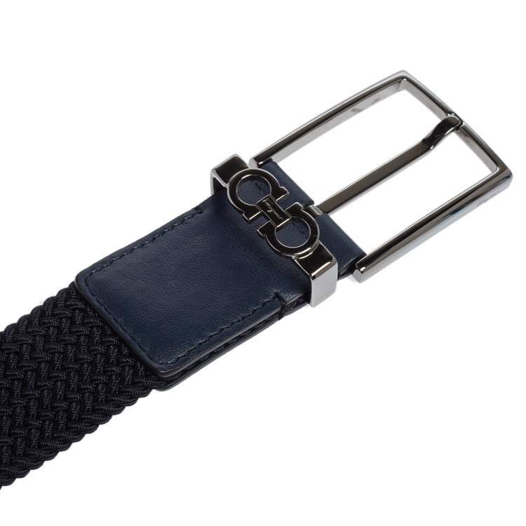 Pre Owned Salvatore Ferragamo Navy Blue Braided Fabric and Lather Gancini Buckle Belt 85CM