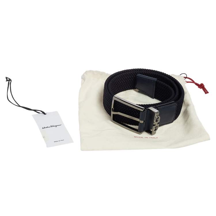 Pre Owned Salvatore Ferragamo Navy Blue Braided Fabric and Lather Gancini Buckle Belt 85CM