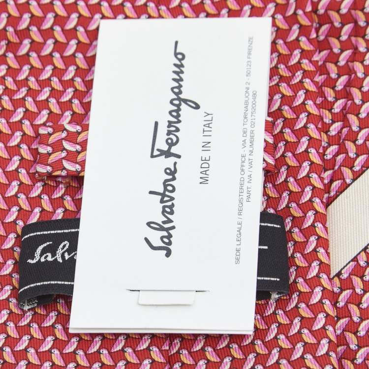 Pre Owned Salvatore Ferragamo Red Diama Bird Printed Silk Tie