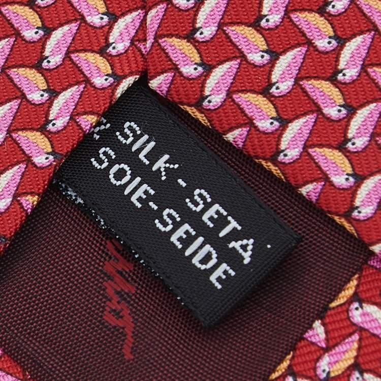 Pre Owned Salvatore Ferragamo Red Diama Bird Printed Silk Tie