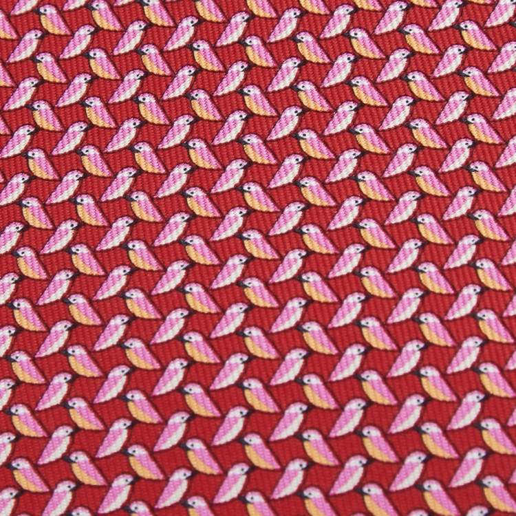 Pre Owned Salvatore Ferragamo Red Diama Bird Printed Silk Tie
