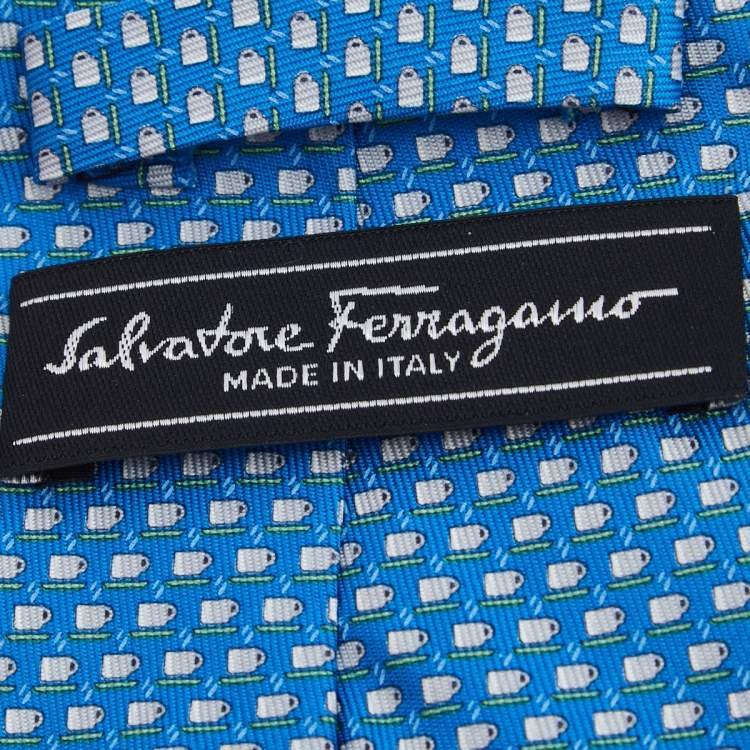 Pre Owned Salvatore Ferragamo Blue Steaming Coffee Mug Printed Silk Tie