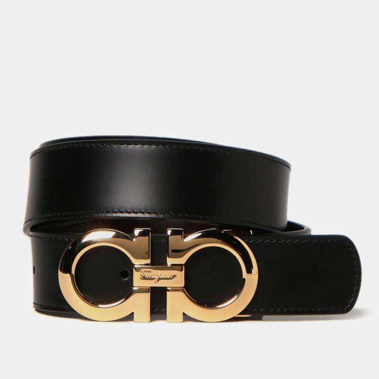 Salvatore Ferragamo Black Leather Gold Tone Buckle Gancini Belt