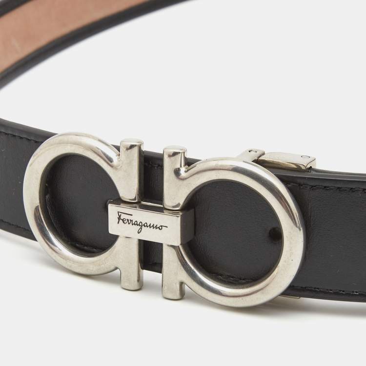 Pre Owned Salvatore Ferregamo Black/White Monogram Canvas and Leather Double Gancio Belt 115CM