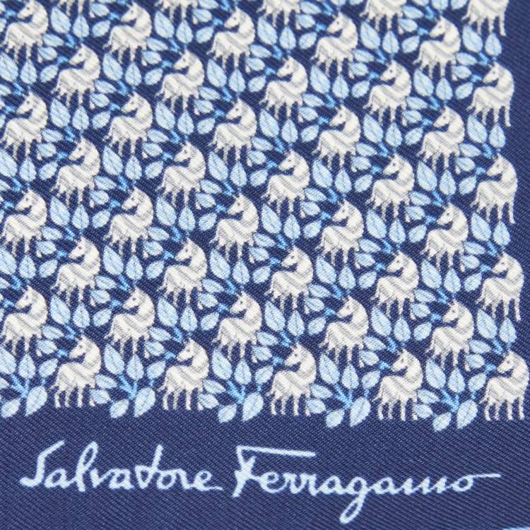 Pre Owned Salvatore Ferragamo Blue Print Silk Tie and Pocket Sqaure