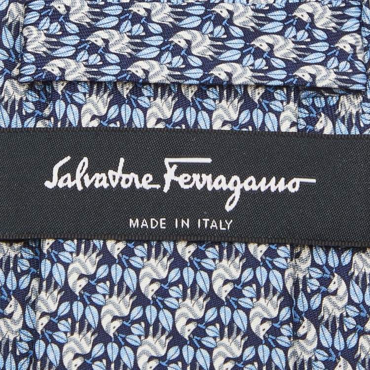 Pre Owned Salvatore Ferragamo Blue Print Silk Tie and Pocket Sqaure