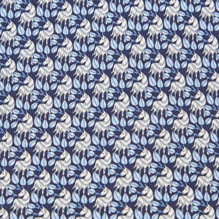 Pre Owned Salvatore Ferragamo Blue Print Silk Tie and Pocket Sqaure