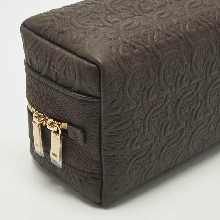 Pre Owned Salvatore Ferragamo Choco Brown Gancini Embossed Leather Toiletry Pouch