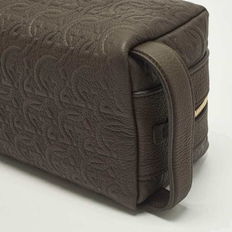 Pre Owned Salvatore Ferragamo Choco Brown Gancini Embossed Leather Toiletry Pouch