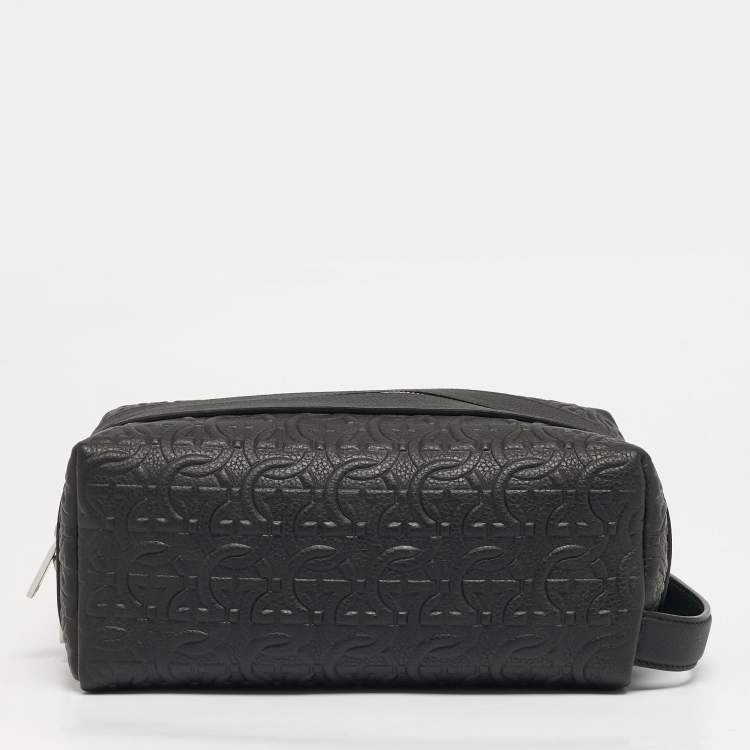Pre Owned Salvatore Ferragamo Black Gancini Embossed Leather Toiletry Pouch