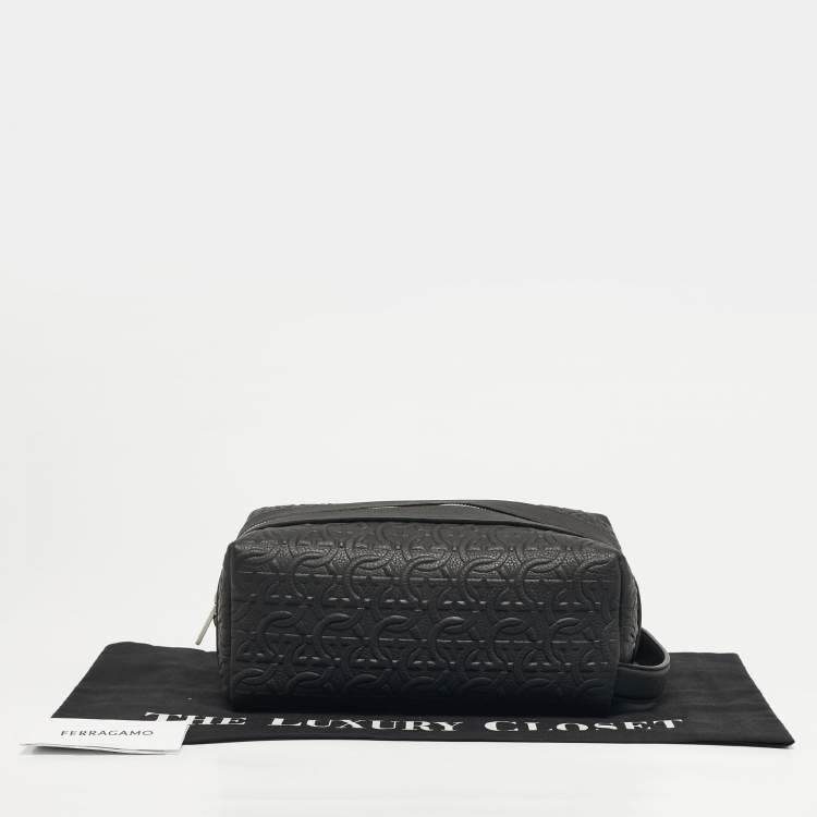 Pre Owned Salvatore Ferragamo Black Gancini Embossed Leather Toiletry Pouch