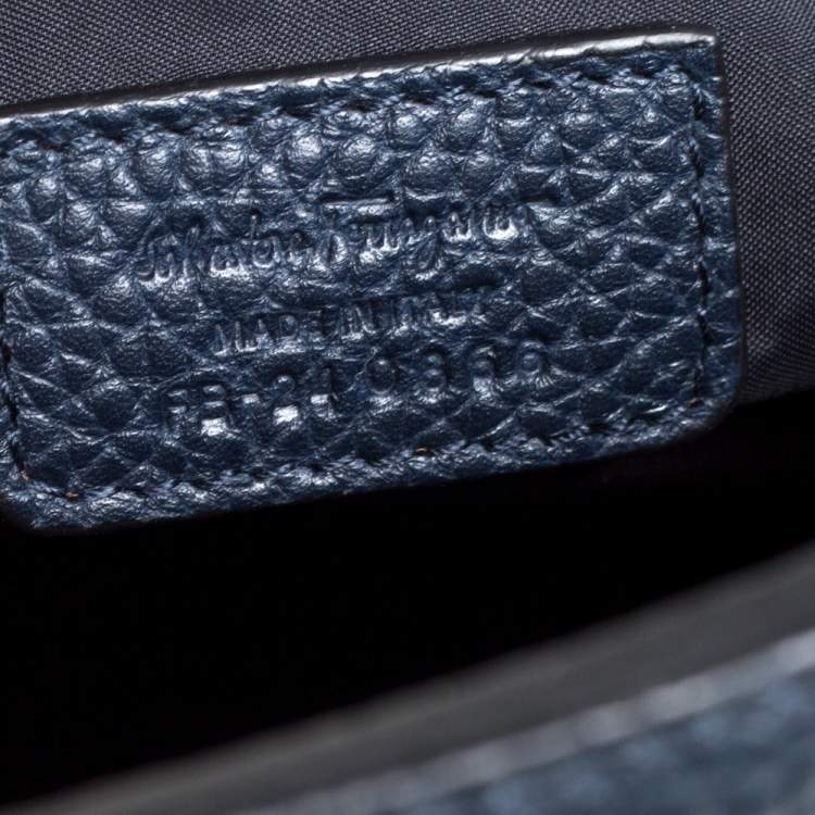 Pre Owned Salvatore Ferragamo Navy Blue Gancio Embossed Leather Messenger Bag