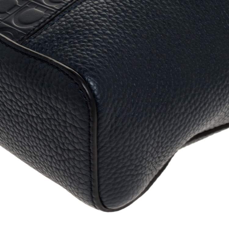 Pre Owned Salvatore Ferragamo Navy Blue Gancio Embossed Leather Messenger Bag