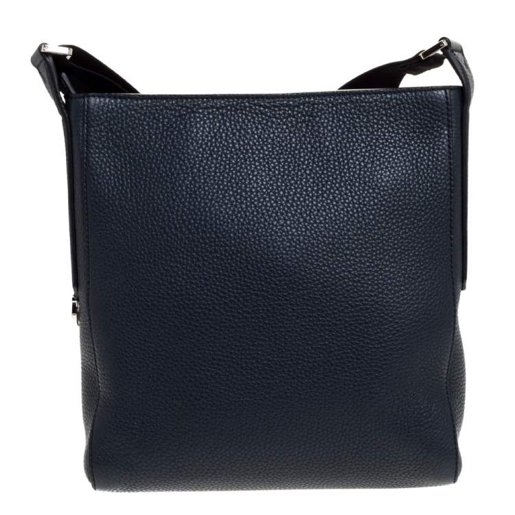 Pre Owned Salvatore Ferragamo Navy Blue Gancio Embossed Leather Messenger Bag