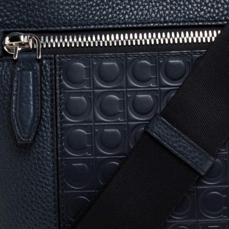 Pre Owned Salvatore Ferragamo Navy Blue Gancio Embossed Leather Messenger Bag