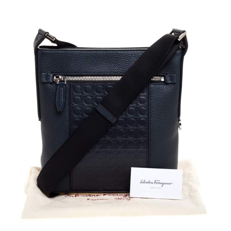 Pre Owned Salvatore Ferragamo Navy Blue Gancio Embossed Leather Messenger Bag