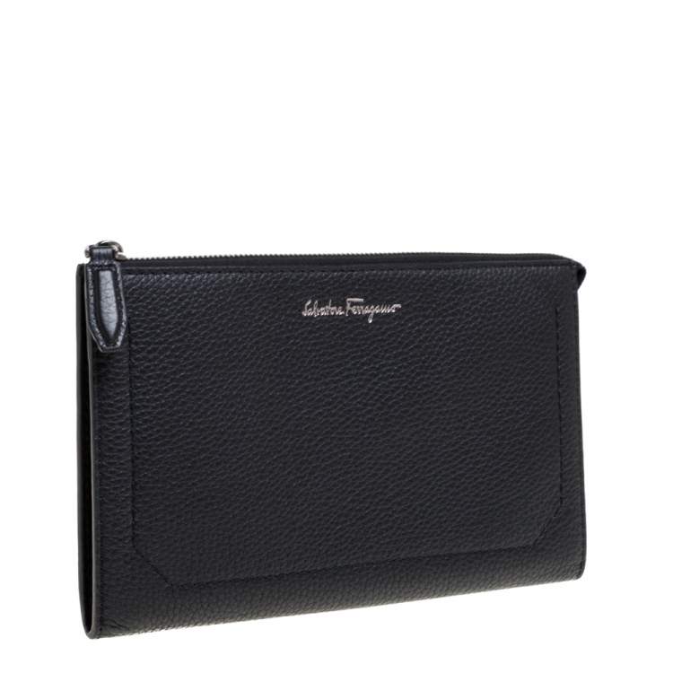 Pre Owned Salvatore Ferragamo Black Leather Zip Clutch