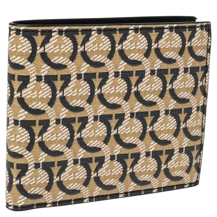 Pre Owned Salvatore Ferragamo Beige/Black Signature Coated Canvas Bifold Wallet