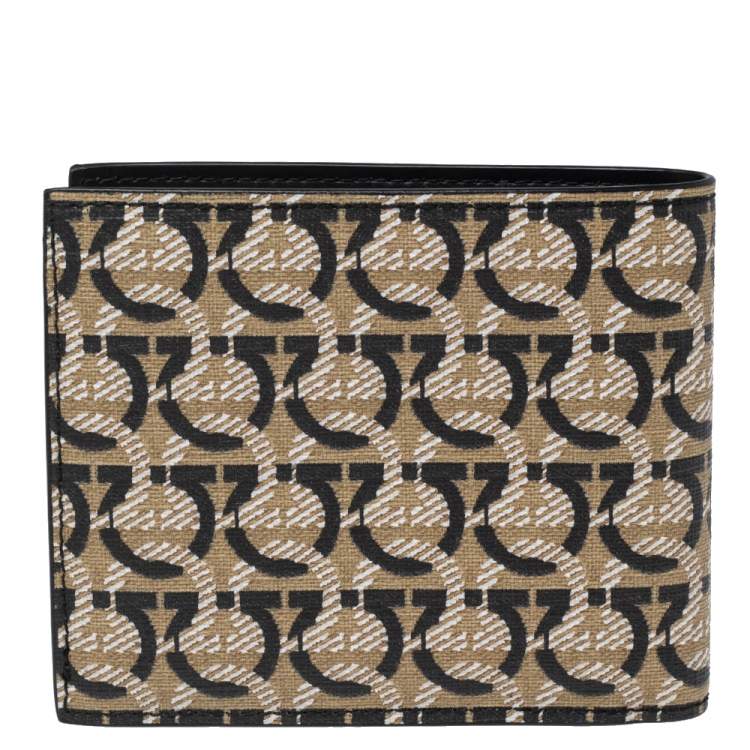 Pre Owned Salvatore Ferragamo Beige/Black Gancini Print Canvas Bifold Wallet