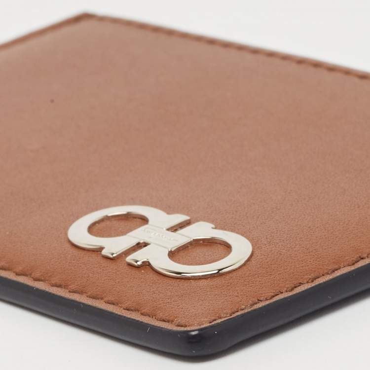 Pre Owned Salvatore Ferragamo Brown/Blue Leather Gancini Card Holder