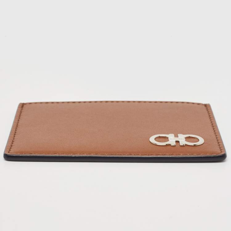 Pre Owned Salvatore Ferragamo Brown/Blue Leather Gancini Card Holder