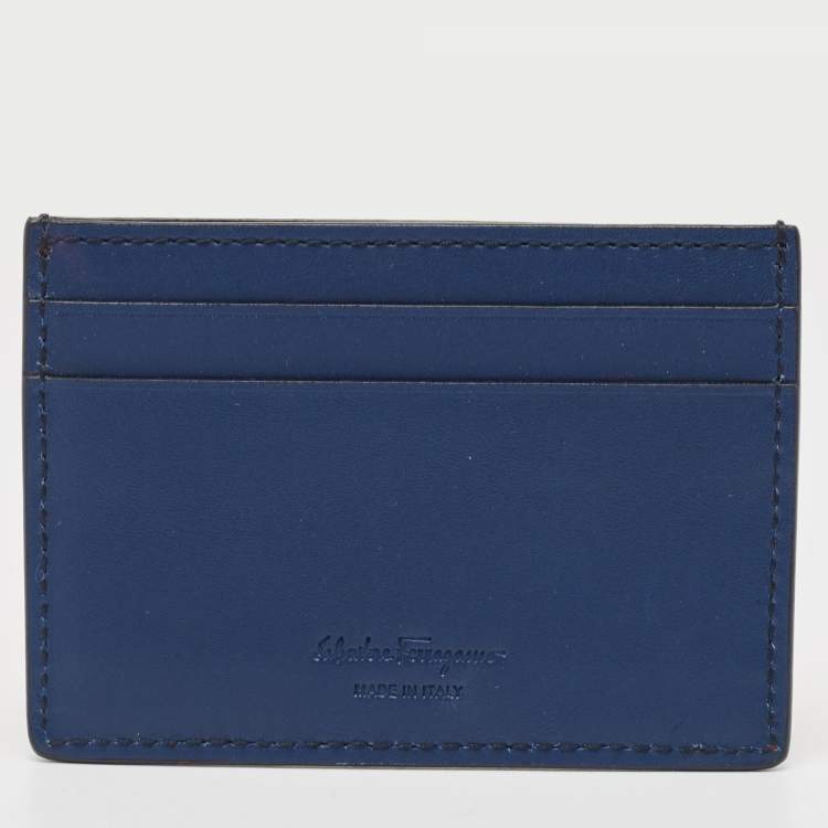 Pre Owned Salvatore Ferragamo Brown/Blue Leather Gancini Card Holder