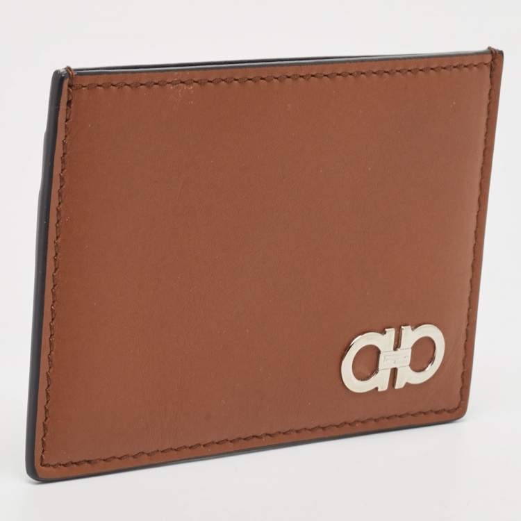 Pre Owned Salvatore Ferragamo Brown/Blue Leather Gancini Card Holder